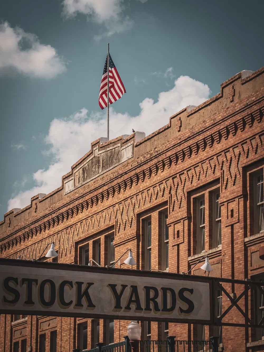 Historic Fort Worth Stockyards with an American flag